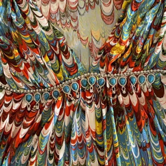 Sky Tops - SKY multi colored top turquoise jewel band large silk absolutely stunning shirt